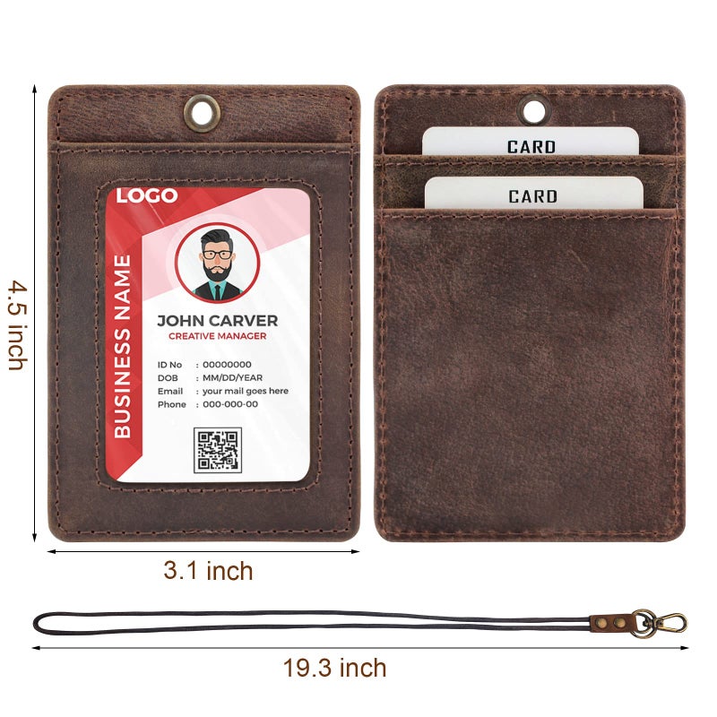 Boshiho Vertical Style Cowhide Leather ID Card Badge Holder with Heavy Duty Lanyard (Genuine Leather Dark Brown) - Image 3